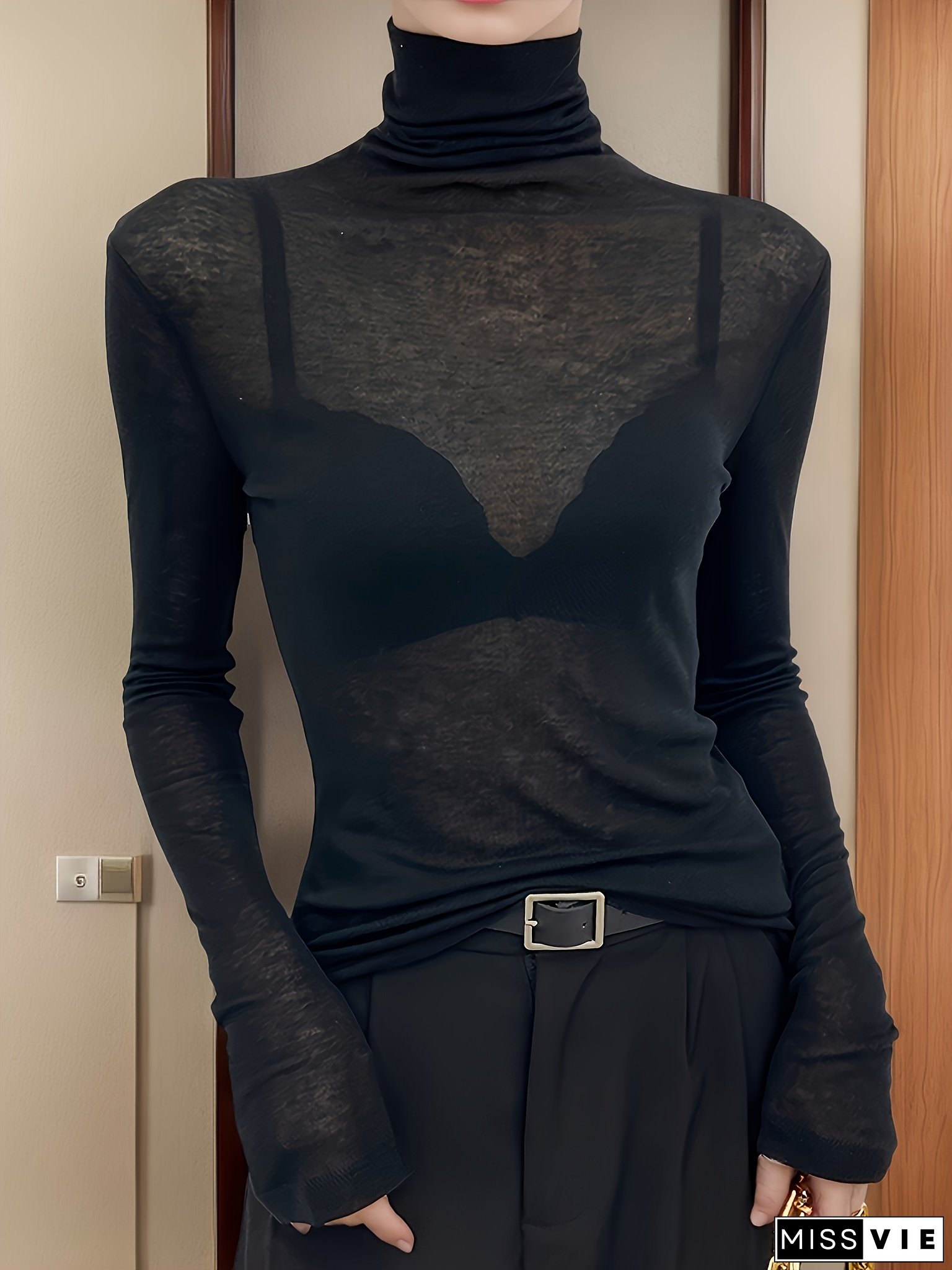 Women's Black Turtleneck Sheer Mesh Long Sleeve Top - High Stretch, Breathable, Lightweight, Perfect for Spring & Fall Layering