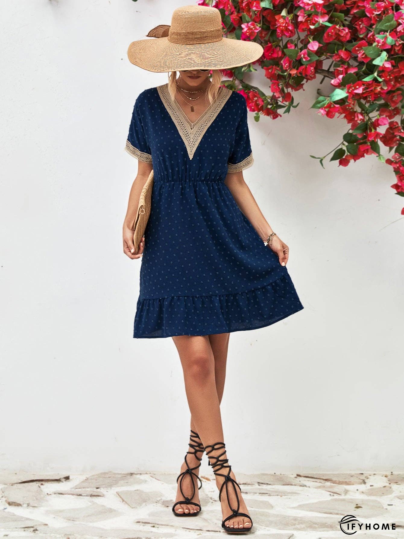 Contrast V-Neck Short Sleeve Mini Dress | IFYHOME