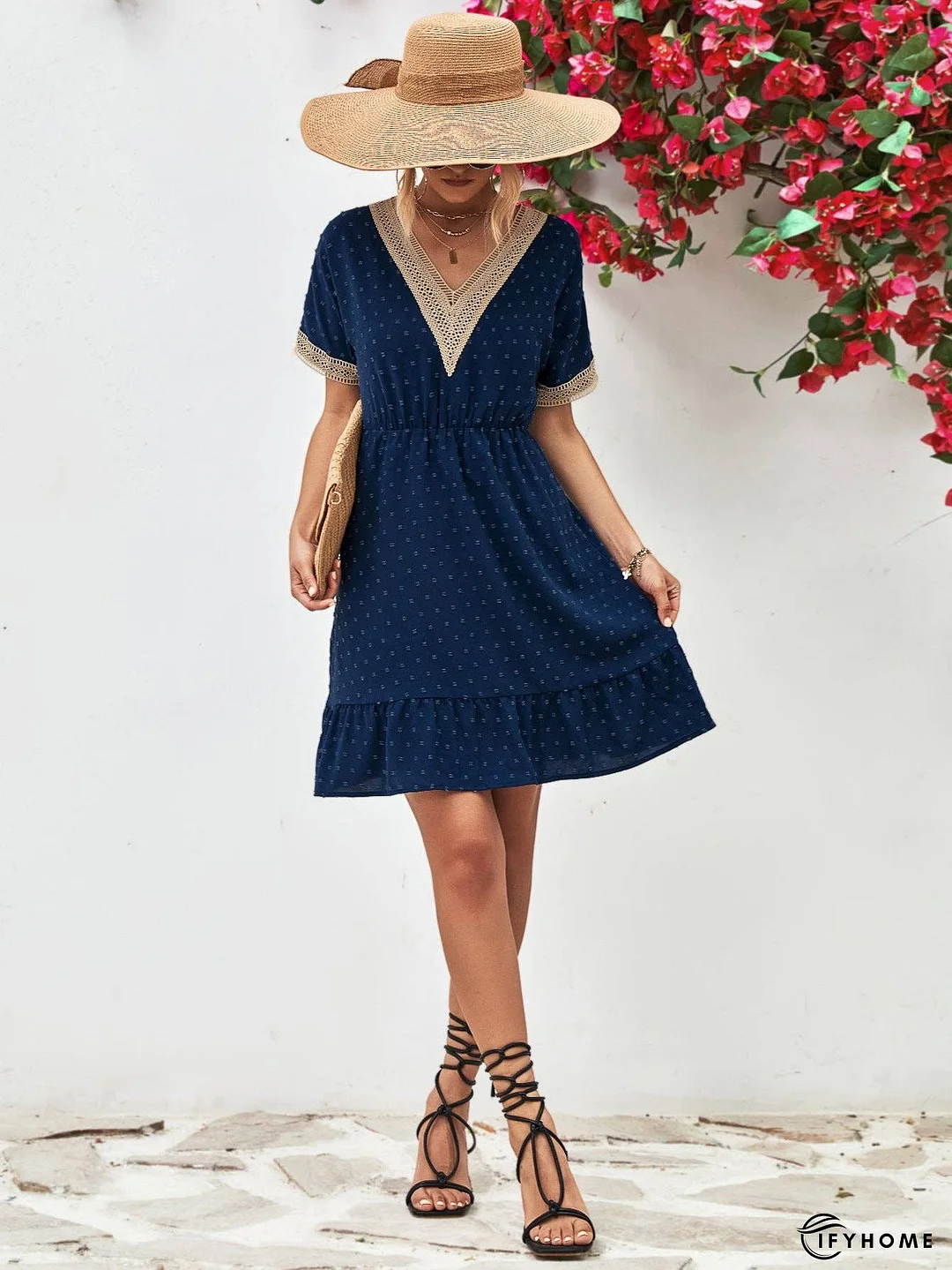 Contrast V-Neck Short Sleeve Mini Dress | IFYHOME