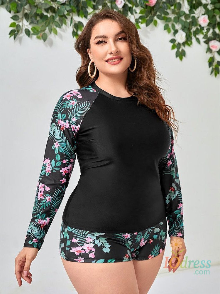 IO Dress Plus Size Swimwear Women Printed Long Sleeve Swimsuit Two Piece Sport Surfsuit Sun Protection Beachwear Summer New 2024 Tankini