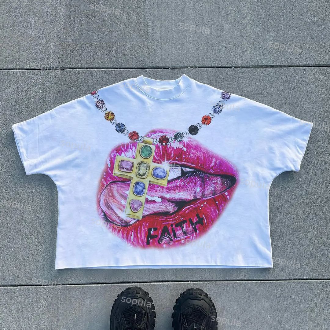Vintage Faith Lips Graphic 100% Cotton T-Shirt Cropped Tees