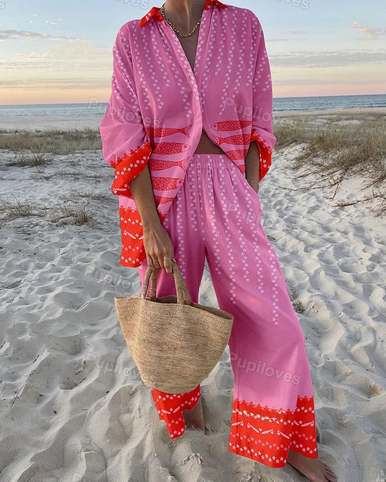 Pupiloves Pupiloves Retro Vacation Fish Print Long Two Piece Set
