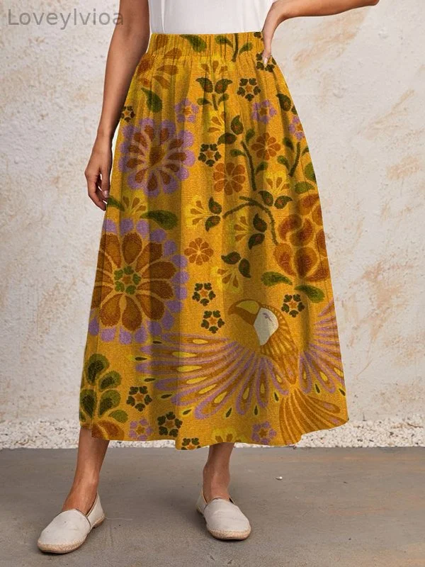 Women's Elegant Flower And Bird Pattern Art Print Skirt?