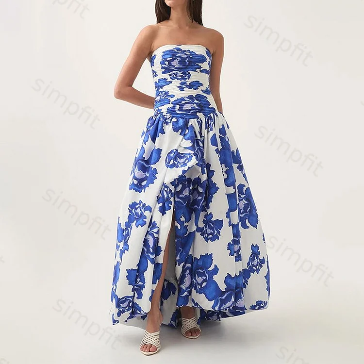 Simpfit Elegantes Maxikleid mit Blumendruck und Tube-Top und Taillenschlitz