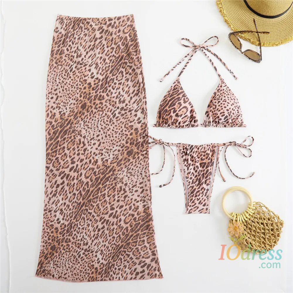 IO Dress Halter String Triangle Micro Thong Bikinis Sets 3 Pieces Long Skirt Mesh Cover Up Pink Leopard Swimwear Sexy Swimsuit Women 2025