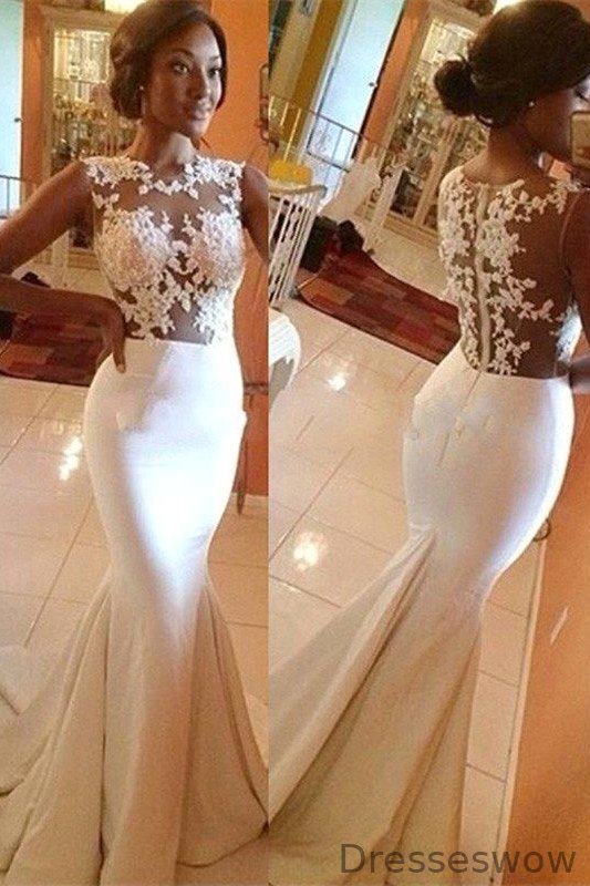 Dresseswow White Sleeveless Mermaid Prom Dress With Appliques