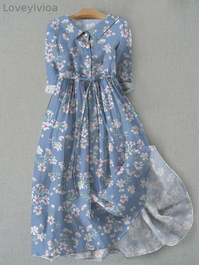 Women's Vintage Floral Design Printed Lace-Up Dress