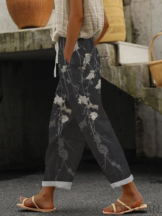 Women's Botanical Floral Print Lace-Up Loose Casual Pants