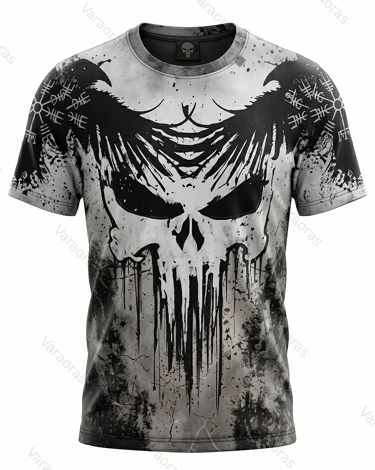 Men's Fashionable Viking Contrast Color Skull and Raven Print T-shirt 4239