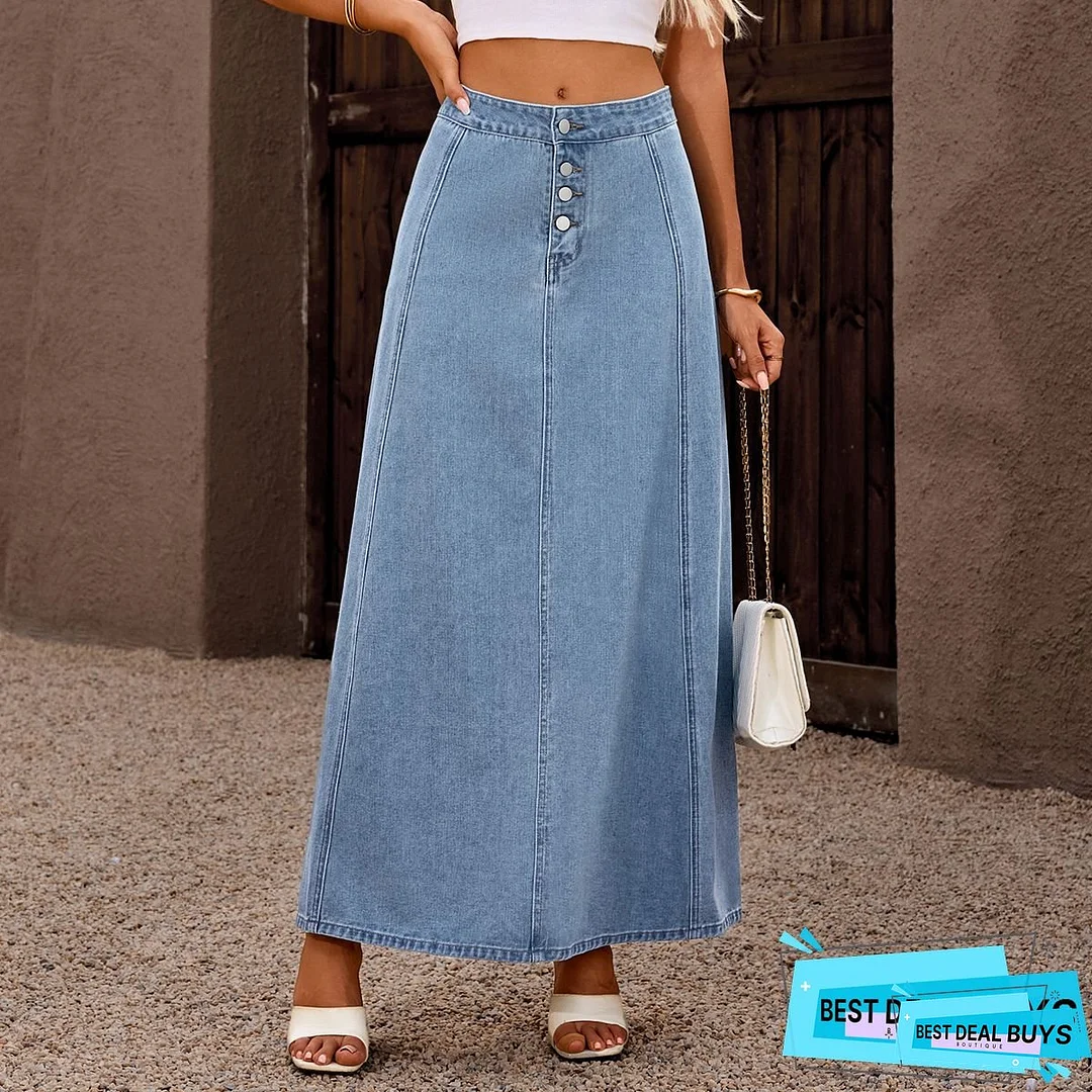Women's High-Waisted Retro Blue Distressed Denim Skirt - Midi Length with Button Closure, Structured A-Line Silhouette & Wash Vintage Style for Spring/Summer/Fall Casual to Formal Outfits (Machine Washable) - 2025 Collection, Solid Color