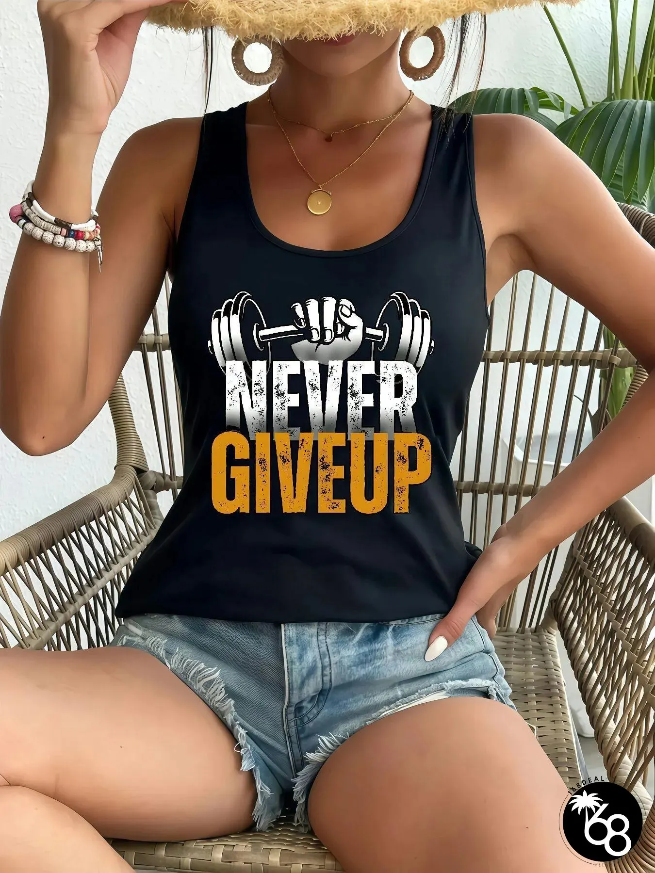Womens Motivational Never Give Sleeveless Tank Top White Athletic Fit with Barbell | 168DEAL