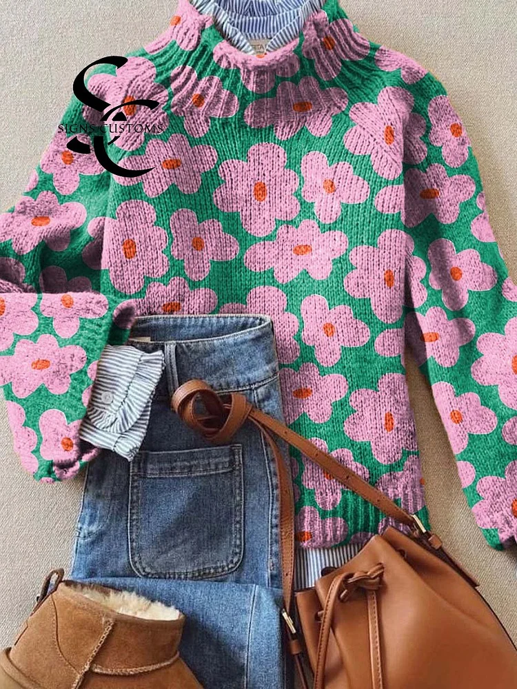 Women's Lovely Floral Art Print Knit Turtleneck Pullover Sweater