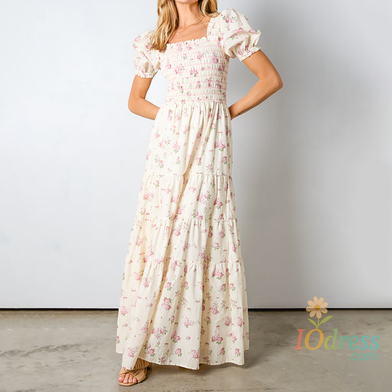IO Dress Women's Bohemian Fashion Long Dress Short Puff Sleeves Flower Print Square Neck Shirred Flowy Dress for Summer IO Dress