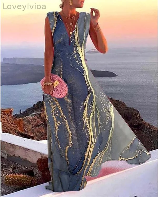 Blue Beach Marble Print Sleeveless Maxi Dress