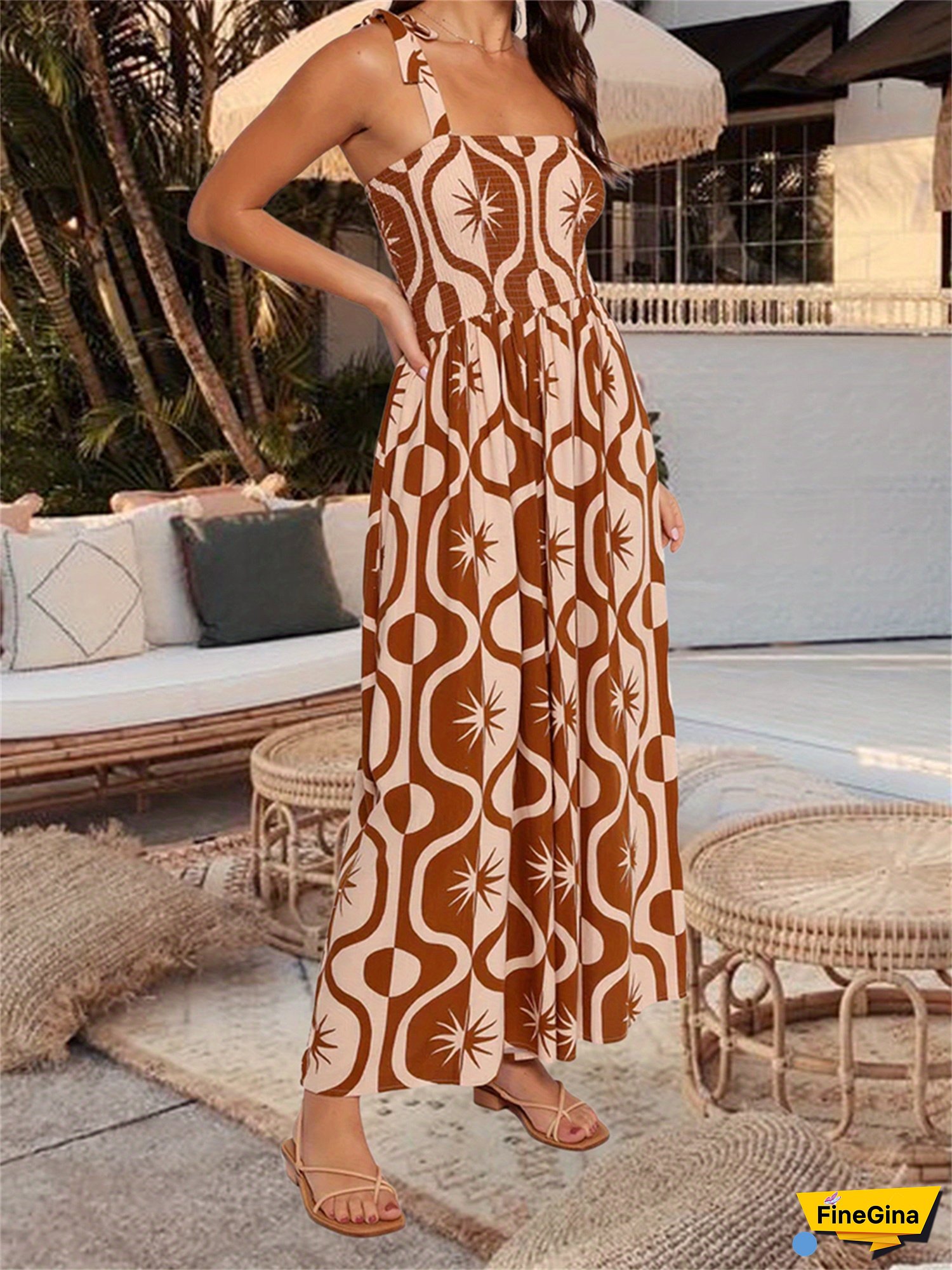 Women Floral Jumpsuit Tie-up Shoulder Strap Smocked High Waist Square Neck Sleeveless Wide Legs Pants Loose Romper