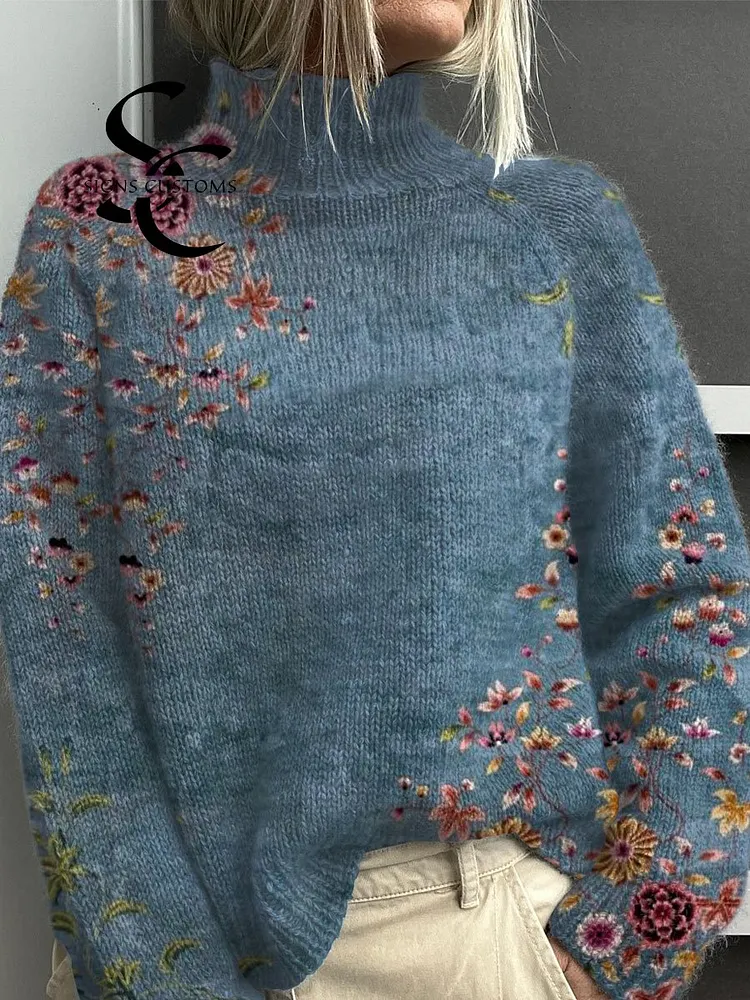 Vintage Floral  Art Print Knit Turtleneck Pullover Sweater
