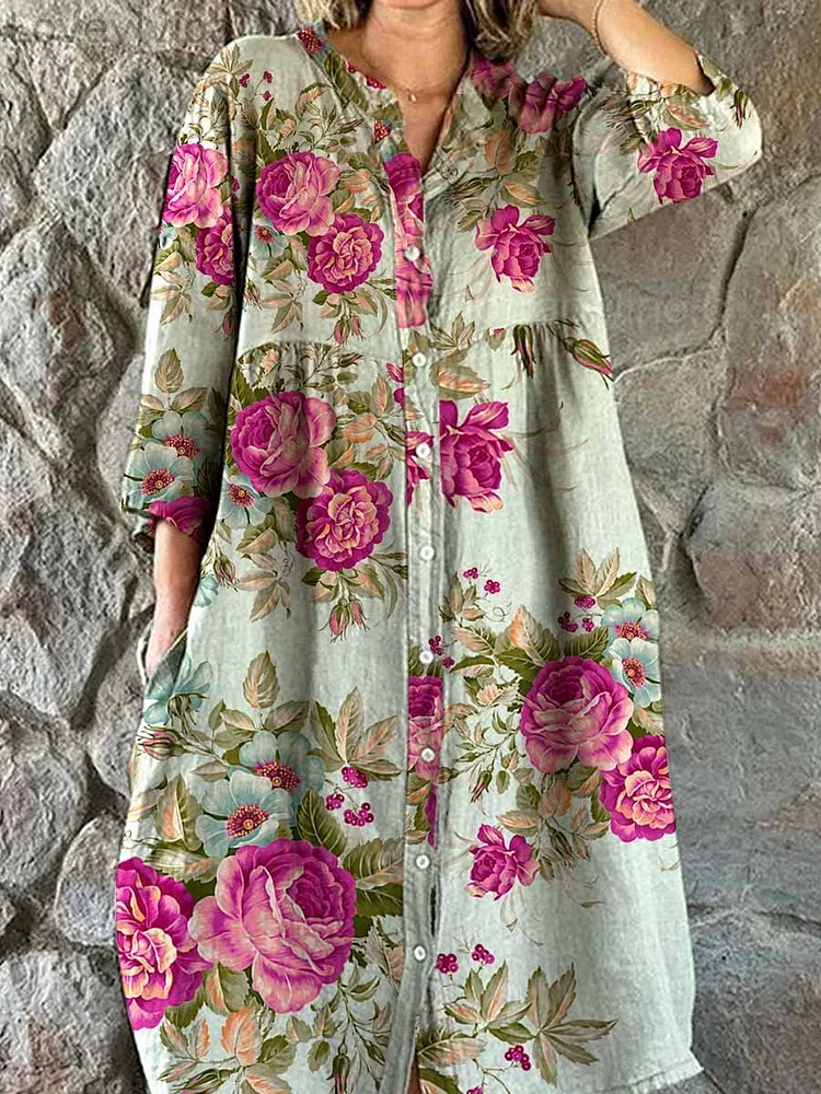 Women's Elegant Rose Flower Print Shirt Style Cotton and Linen Dress