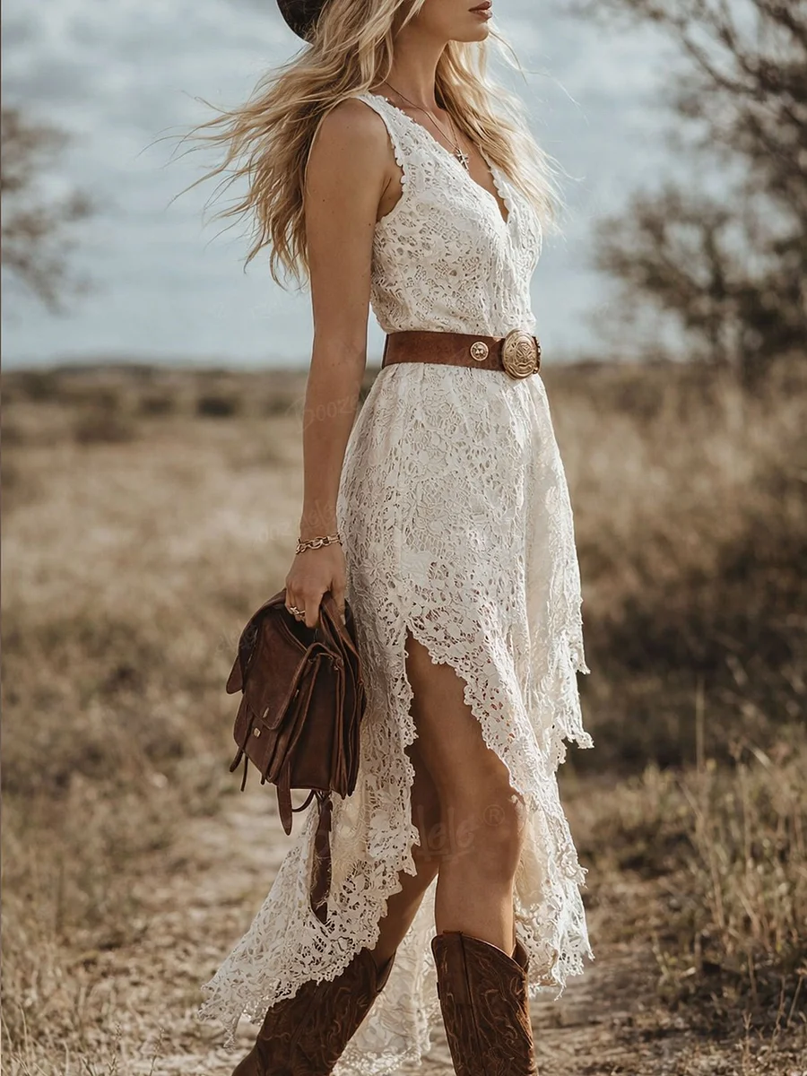 Luxury White Lace Dress - Vintage Asymmetric Western Artisanal Eyelet Maxi Luxury White Lace Dress - Vintage Asymmetric Western Artisanal Eyelet Maxi