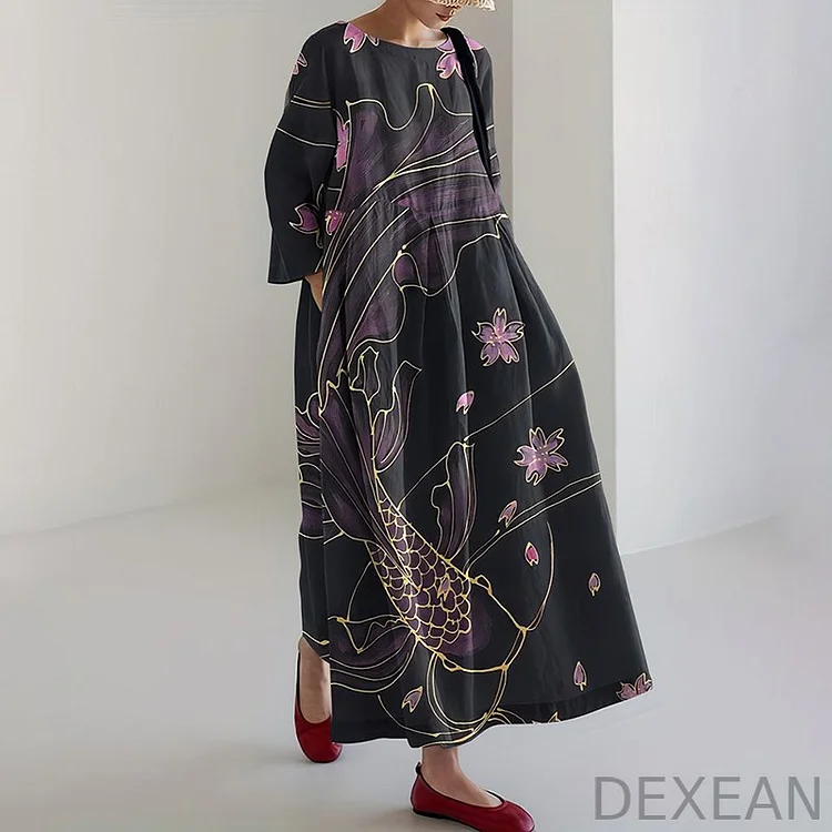 Japanese Art Fish Print Loose Midi Dress