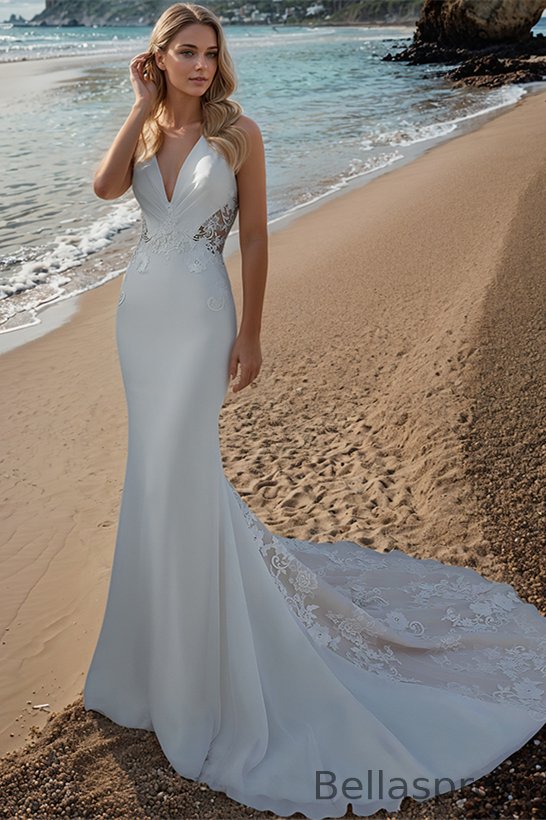 Bellasprom V-Neck Sleeveless Mermaid Wedding Dress Long With Lace Appliques Bellasprom