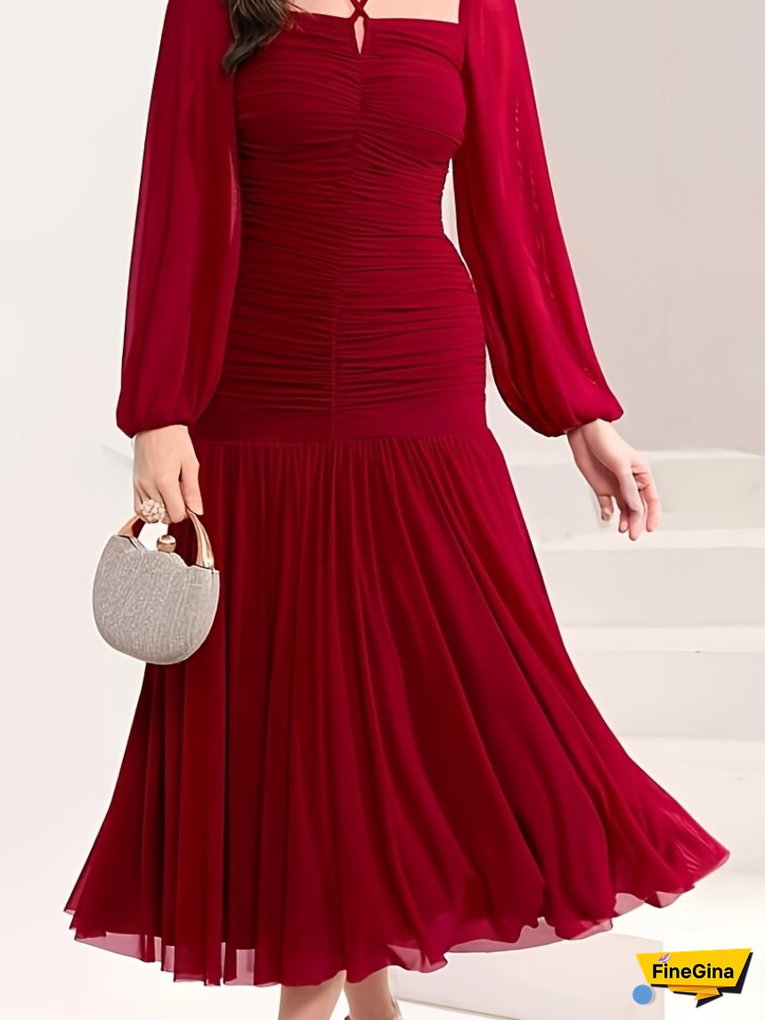 Elegant Red Ruffle Mesh Dress With Lantern Sleeves And Tie-Back Detail - Square Neck, Non-Sheer, Perfect For Spring/Summer - Women’S Fashion, Summer Outfit, Structured Silhouette