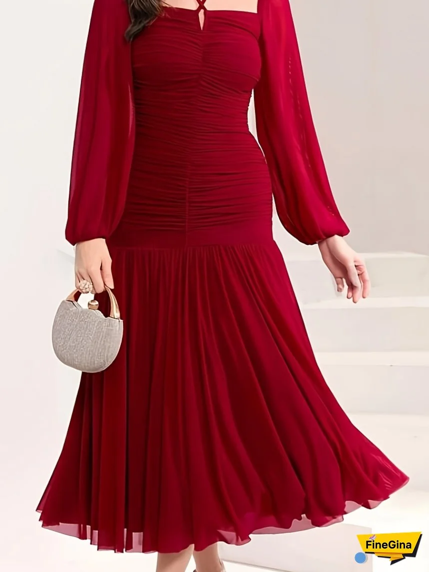Elegant Red Ruffle Mesh Dress With Lantern Sleeves And Tie-Back Detail - Square Neck, Non-Sheer, Perfect For Spring/Summer - Women’S Fashion, Summer Outfit, Structured Silhouette