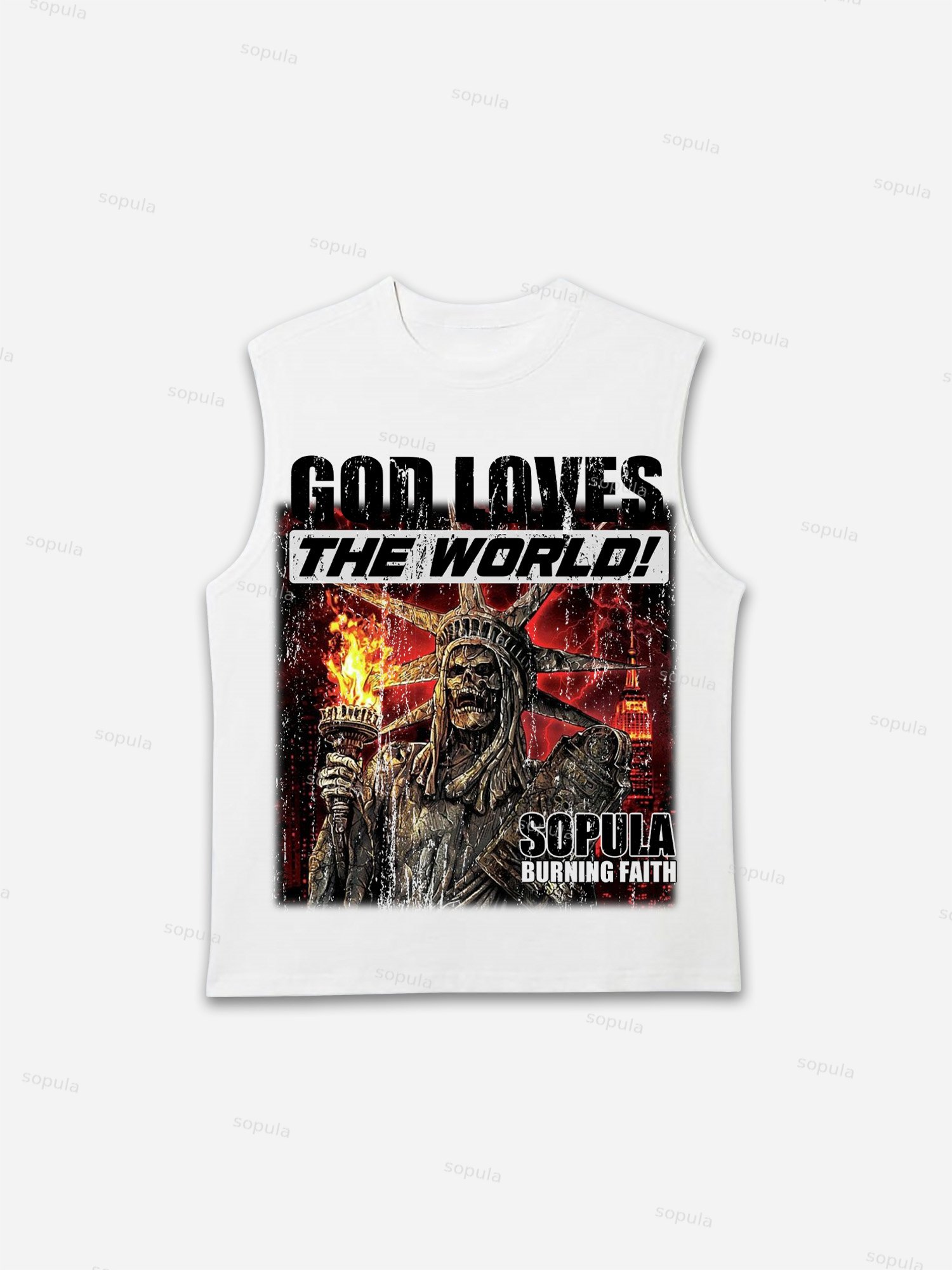 God Loves The World Burning Skull Statue Of Liberty Vintage Graphic Tank Top