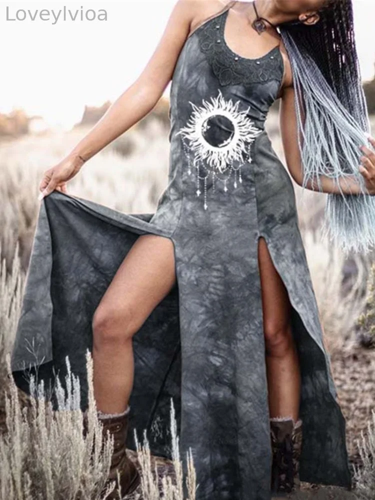 Ethnic Totem Slit Tie Dye Maxi Dress