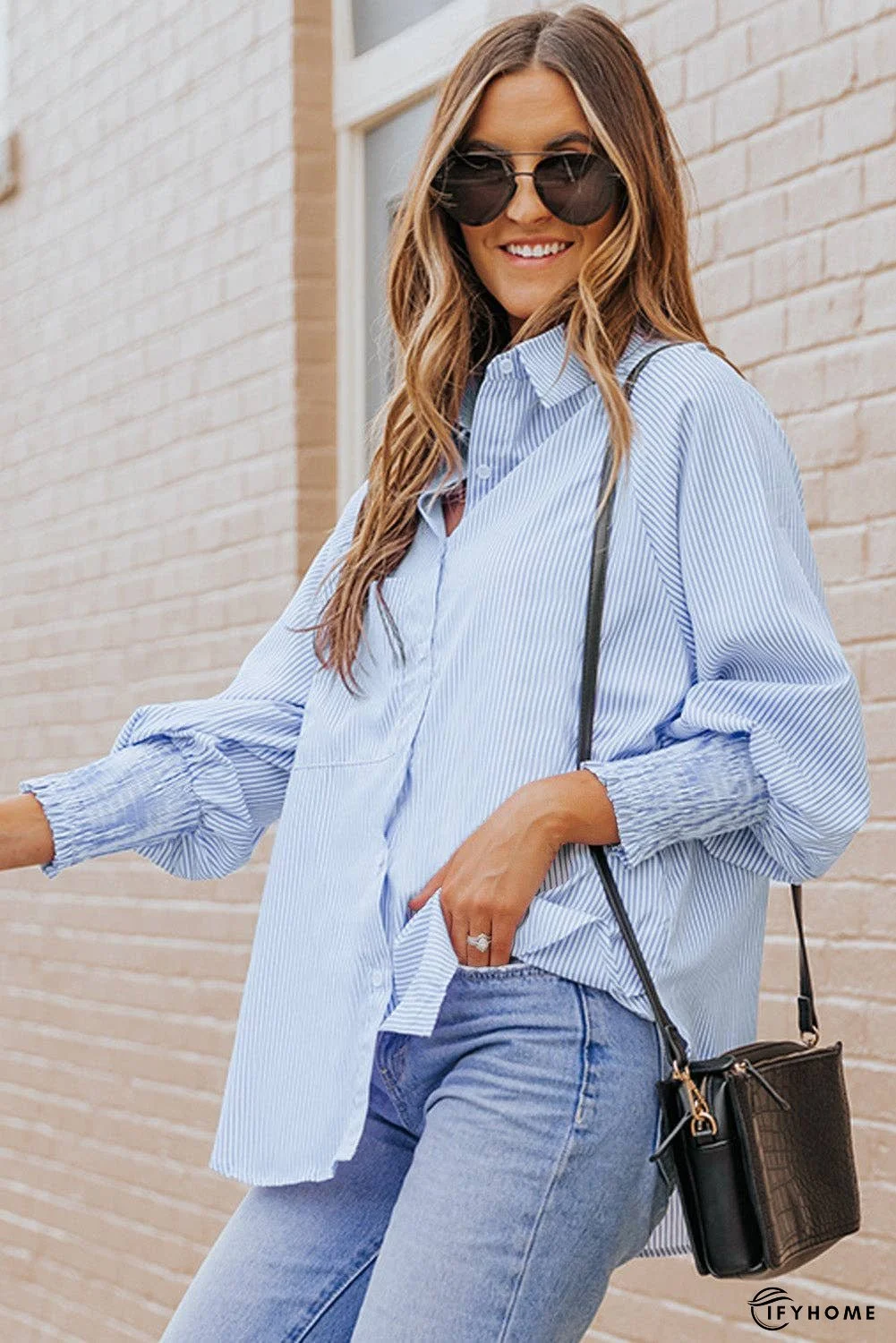 Striped Lantern Sleeve Collared Shirt | IFYHOME