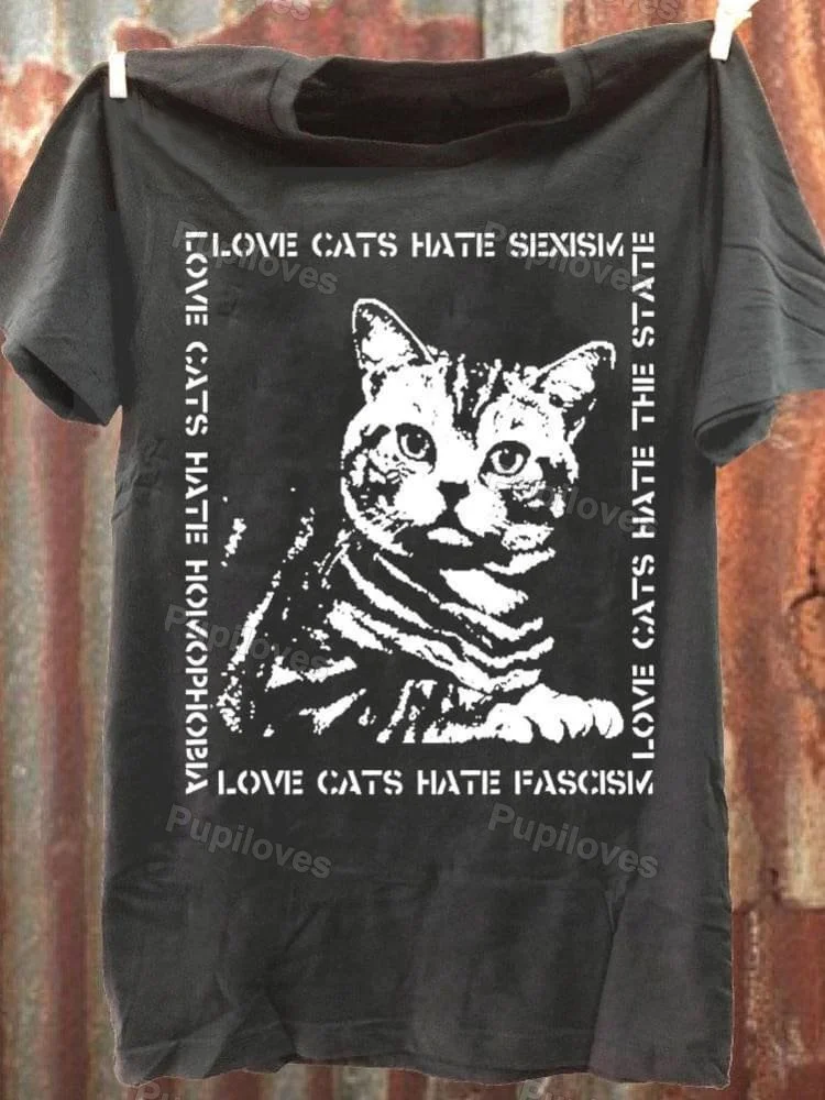 Pupiloves Pupiloves Love Cats Hate Sexism Graphic Print Unisex Classic T-shirt
