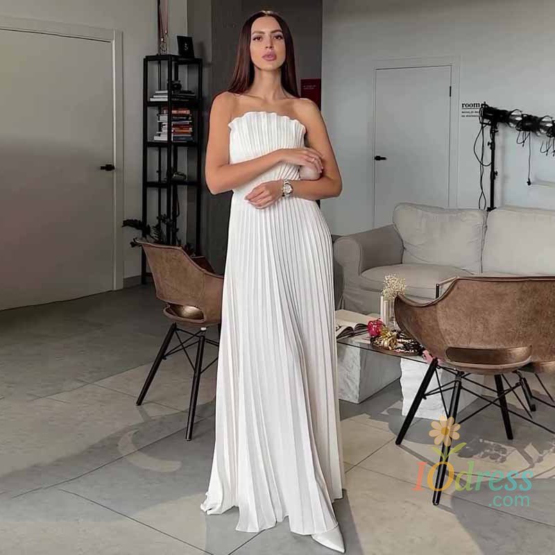 IO Dress Elegant Solid Pleated Off Shoulder Long Dresses for Women Chic Sleeveless Backless Female Maxi Dress Summer New Beach Party Robe