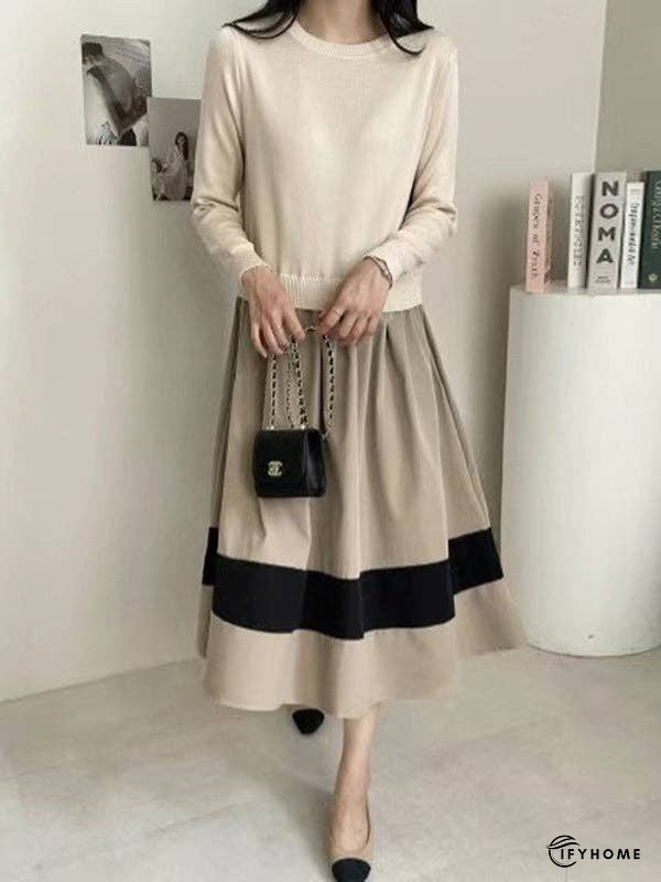 A-line Long Sleeves Pleated Split-Joint Round-neck Midi Dresses Sweater Dresses | IFYHOME