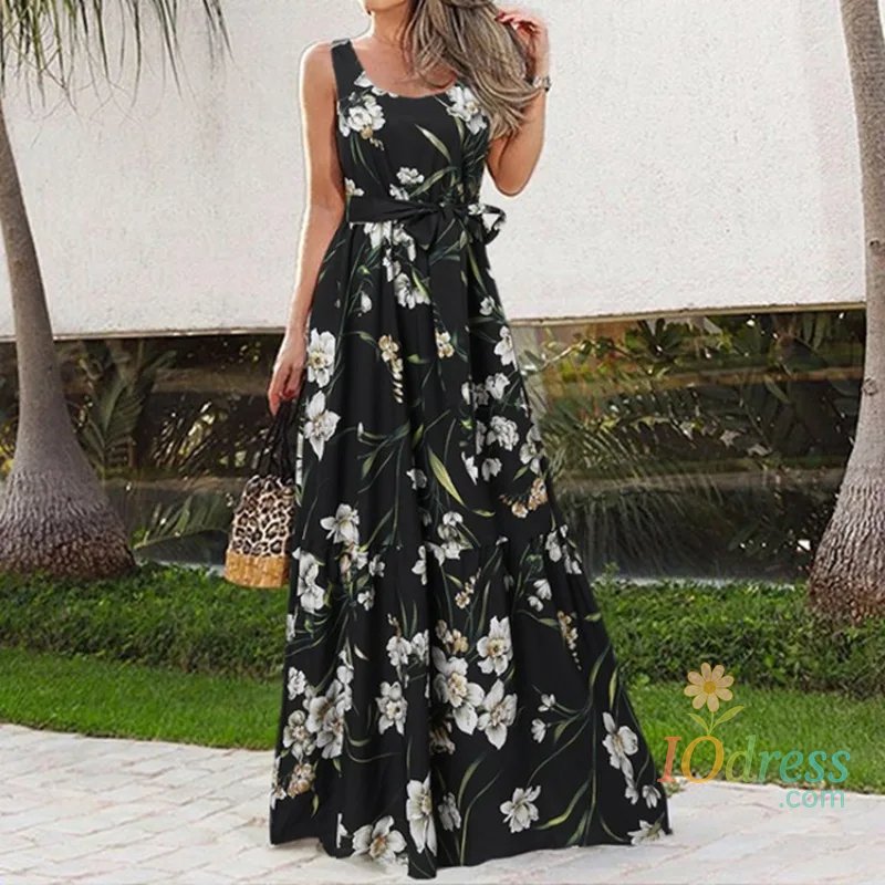 IO Dress Spring/Summer Women's L-5XL Plus Size Elegant Square Neck Sleeveless Printed Long Dress Fashion Leisure Beach Vacation Belt Long