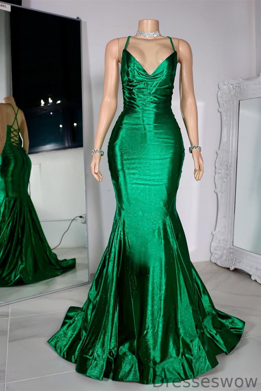 Dresseswow Emerald Green Spaghetti-Straps Prom Dress Mermaid Sleeveless Lace-Up