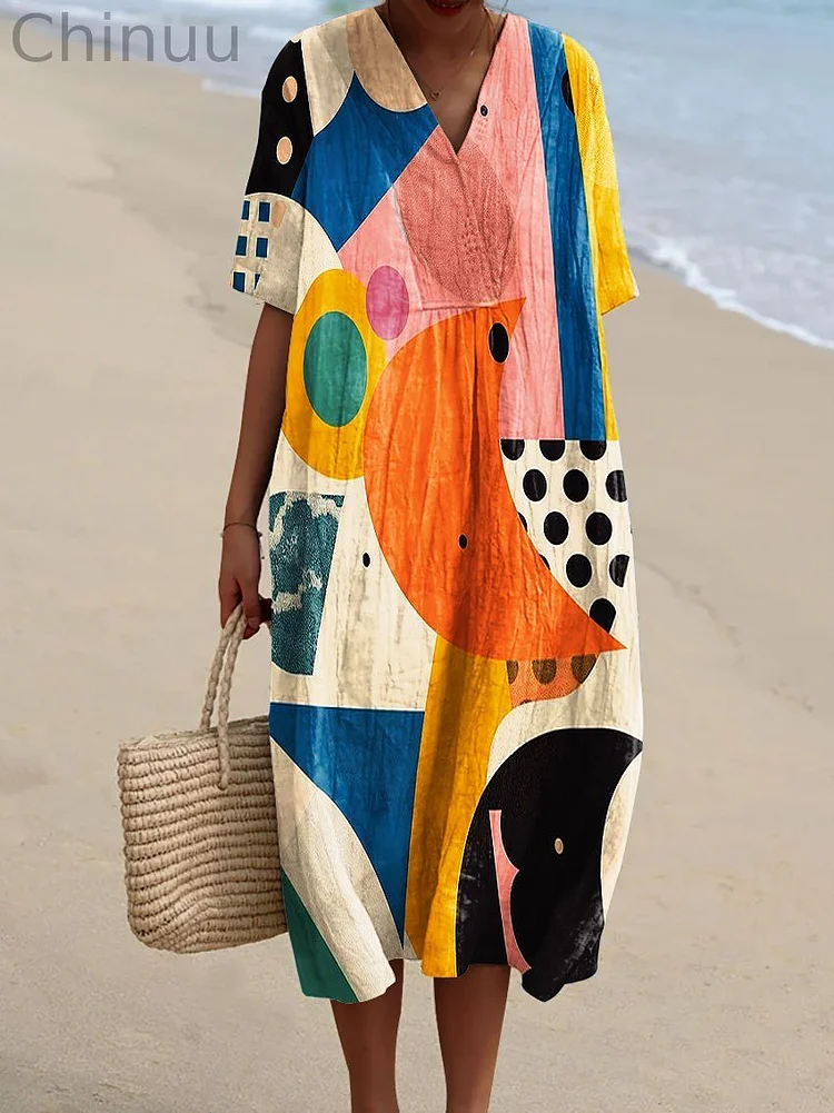 Women's Vintage Abstract Geometric Line Pattern Art Print Flowy Dress