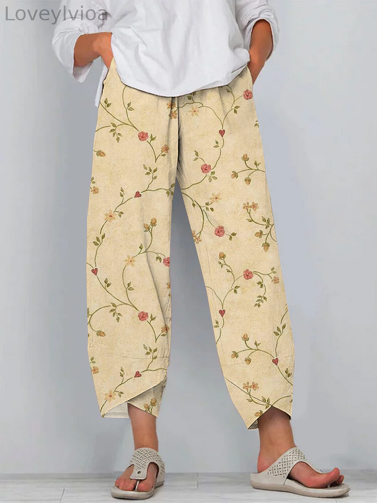Vintage Floral Print Cotton and Linen Cropped Casual Pants