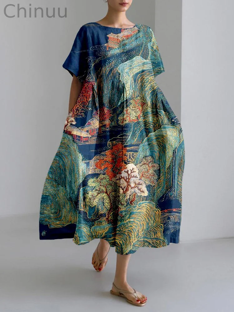 Vintage Mountain Landscape Art Linen Blend Maxi Dress