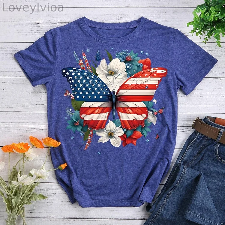 American Flag Butterfly Flowers Round Neck T-shirt-0019018