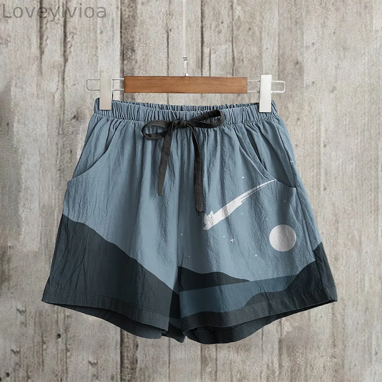 Vintage Loose Japanese Art Cat Print Drawstring Shorts
