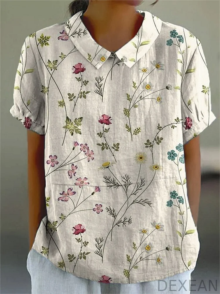 Women's Retro Floral Art Print Casual Cotton And Linen Shirt