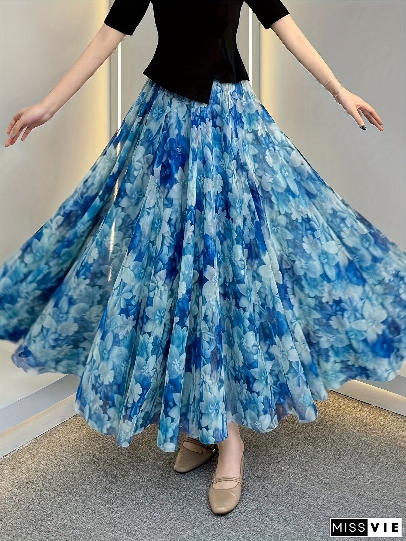 Women's Elegant Blue Floral Print Midi Skirt - Lightweight Breathable Net Panel Hem, Hand Wash Only, Spring Summer Casual to Semi-Formal Wear