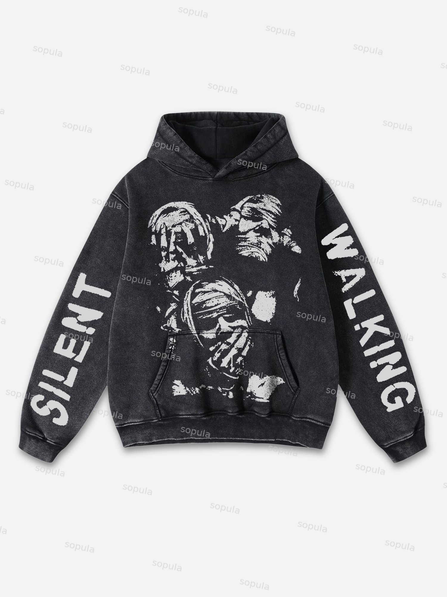 Silent Walking Graphic Acid Washed Oversized Hoodie - Sopula｜Premium Graphic Tees & Graphic Clothing