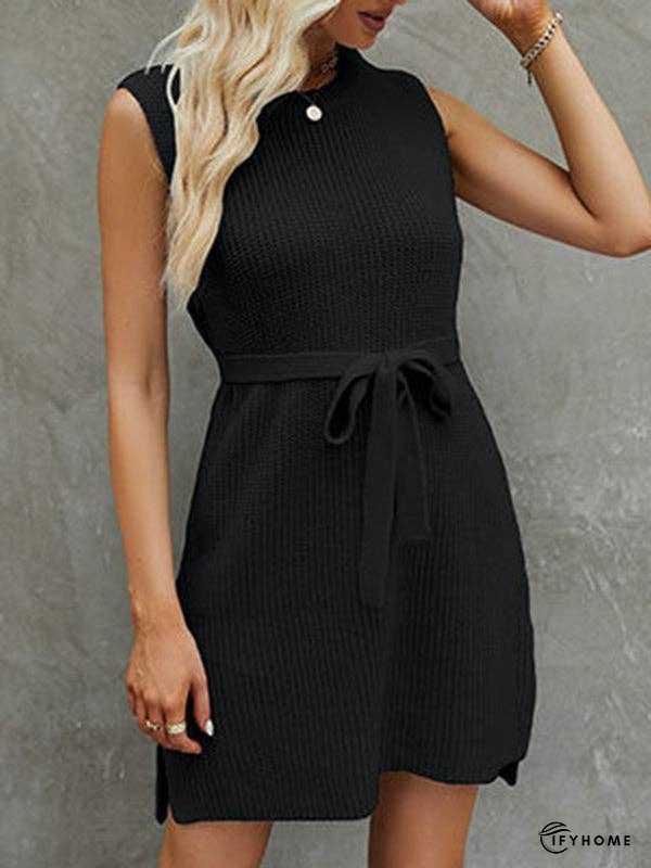 A-Line Loose Solid Color Split-Side Tied Waist Round-Neck Mini Dresses Sweater Dresses | IFYHOME