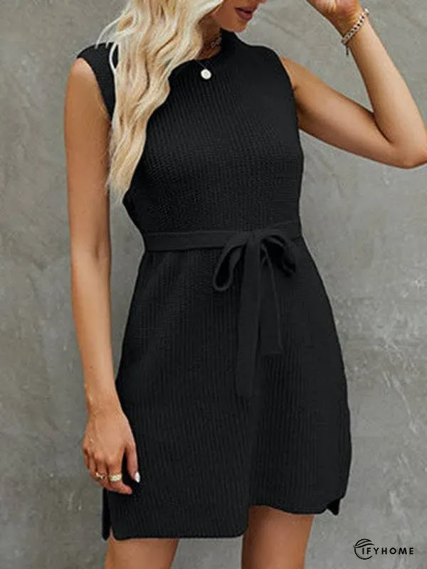 A-Line Loose Solid Color Split-Side Tied Waist Round-Neck Mini Dresses Sweater Dresses | IFYHOME