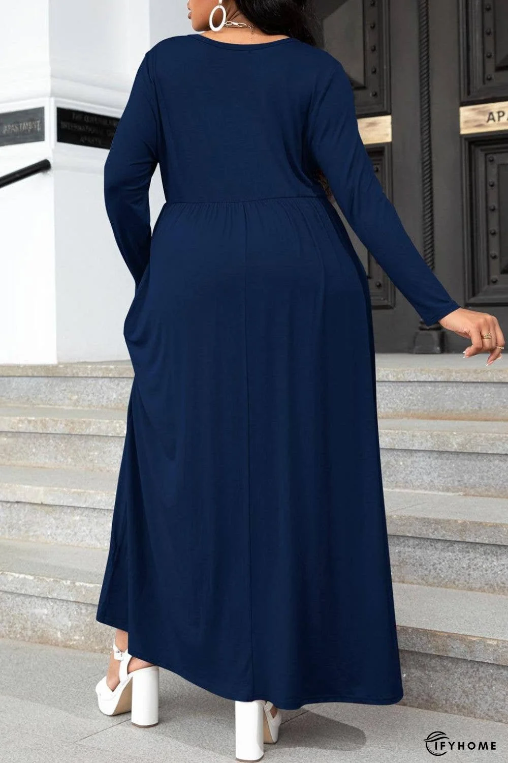 Plus Size Round Neck Long Sleeve Maxi Dress with Pockets | IFYHOME