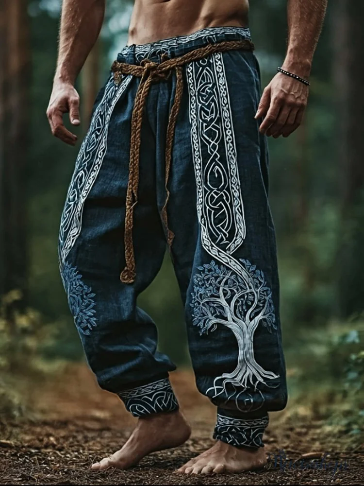 Men's Viking Style Tree Of Life Knot Casual Cotton And Linen Pants