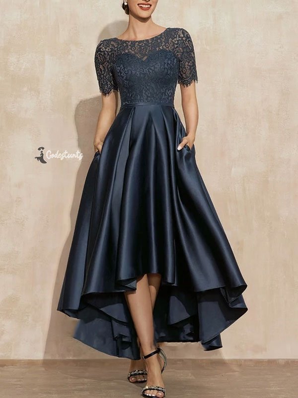 A-Line Scoop Neck Asymmetrical Satin Lace Mother of the Bride Dress With Pockets