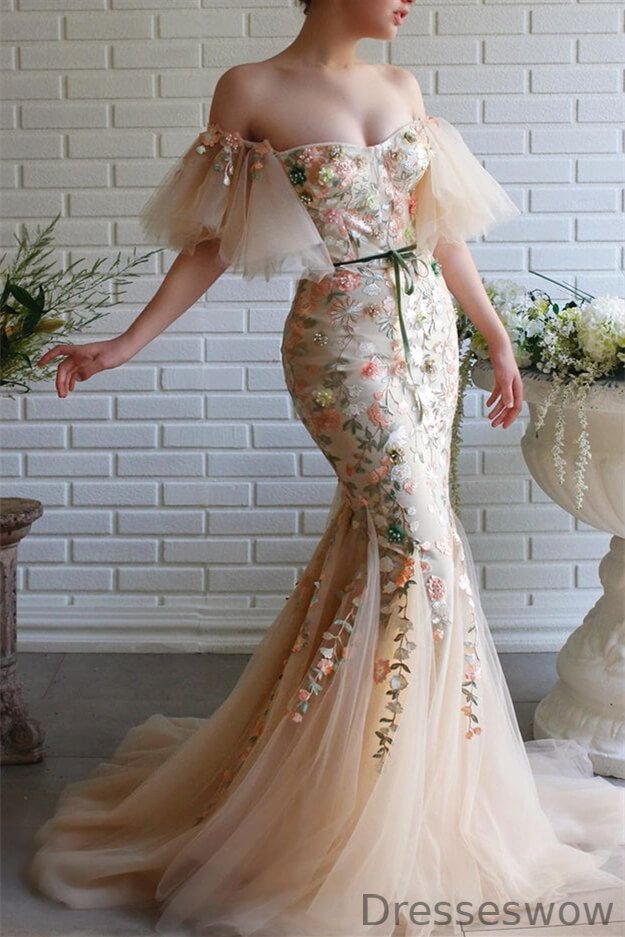 Dresseswow Off-the-Shoulder Tulle Evening Dress Mermaid Long With Flowers