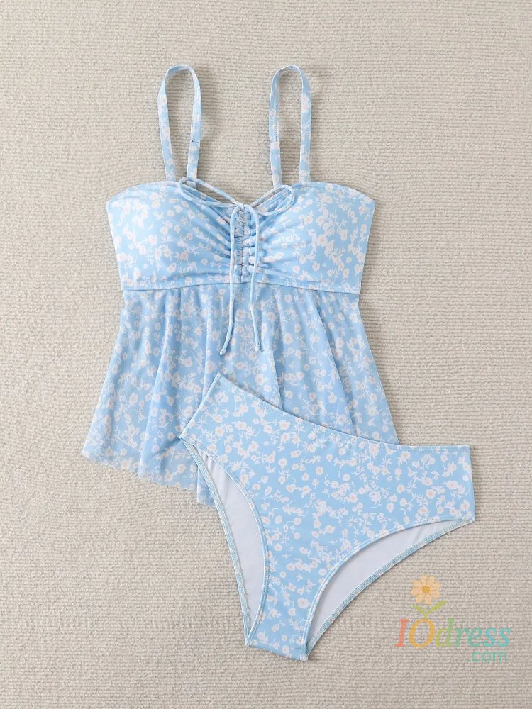 IO Dress Women's Floral Print Sexy Strappy Bikini Set Summer Beach Swimwear Hot Spring Two-Piece Swimsuit Blue Sexy Thin Cute Swimsuit
