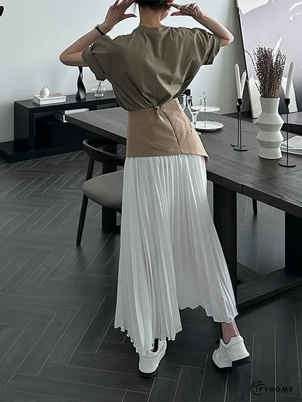 A-Line Loose Contrast Color Pleated Split-Joint Skirts Bottoms | IFYHOME